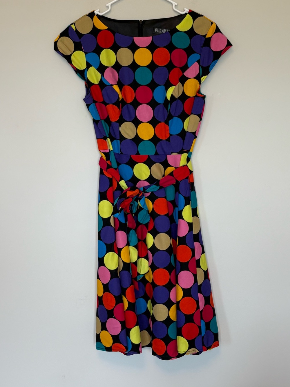 PUKAVT Multicolored Polka Dot Fit and Flare Dress Belted Size M